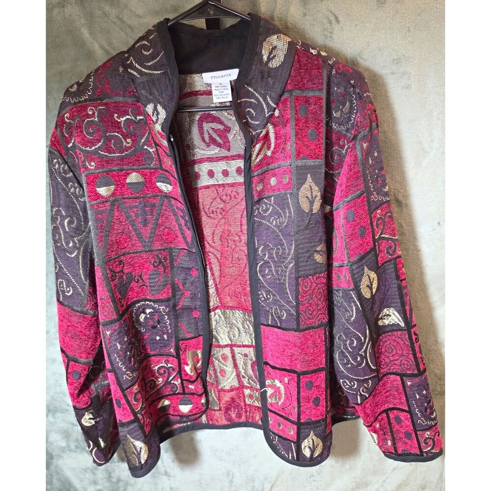 Phoenix Women's XL Tapestry Jacket Zip Front Patchwork Geometric Boho